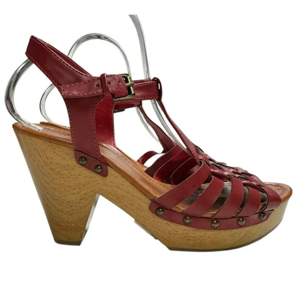 Indigo Rd. Shoes - Indigo Rd. Women's Kokka Red Leather Platform Sandal Size 10 Wood Chunky Heel